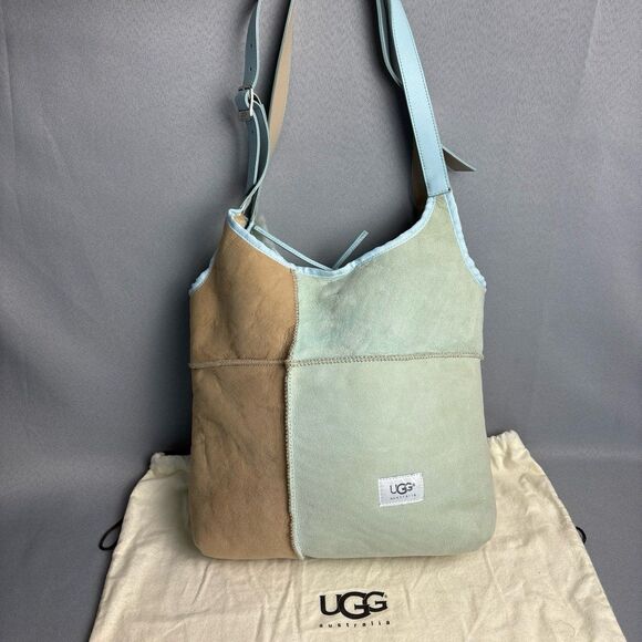 Ugg Tote Hobo Purse Shoulder Bag Bucket Sherpa Shearling Wool Baby Blue Tan - Picture 11 of 12